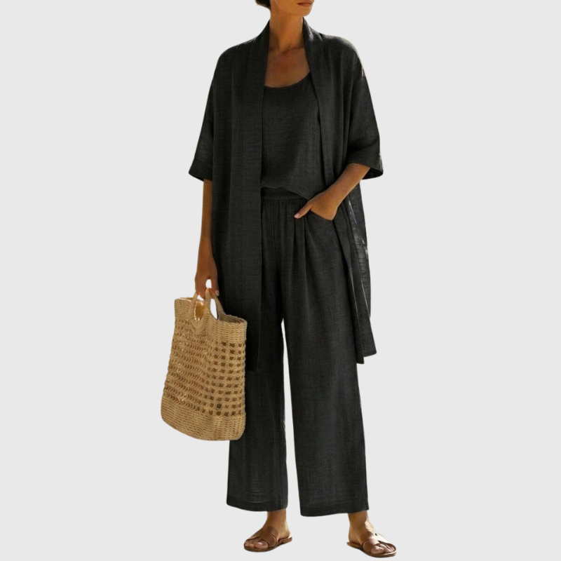 Dames Driedelig Kledingset met Kimono Cardigan, Top en Wijde Broek Zwart