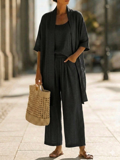 Dames Driedelig Kledingset met Kimono Cardigan, Top en Wijde Broek