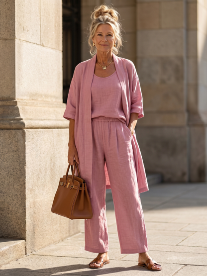 Dames Driedelig Kledingset met Longline Cardigan, Tank Top en Wijde Broek Roze
