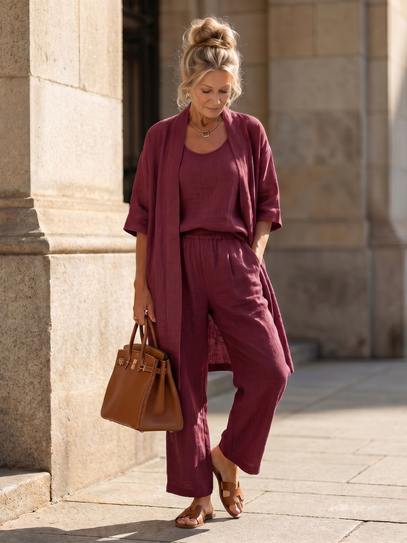 Dames Driedelig Kledingset met Longline Cardigan, Tank Top en Wijde Broek Rood