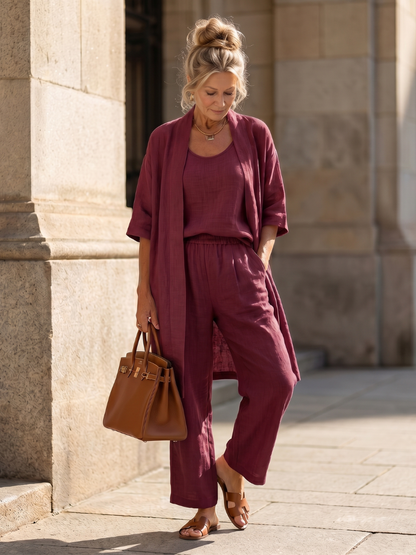 Dames Driedelig Kledingset met Longline Cardigan, Tank Top en Wijde Broek Rood