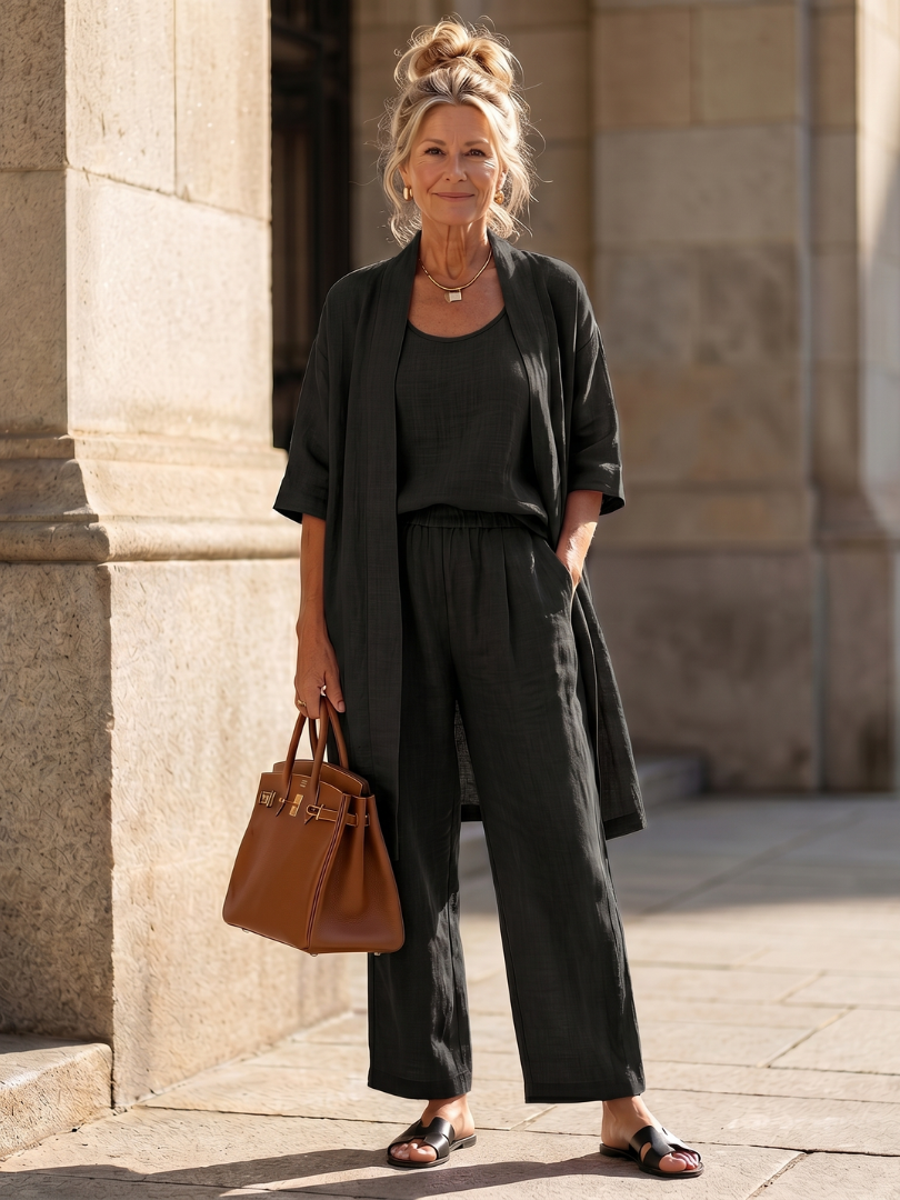 Dames Driedelig Kledingset met Longline Cardigan, Tank Top en Wijde Broek Zwart