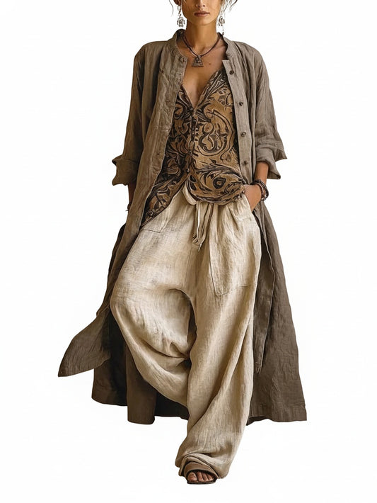 Dames Driedelig Kledingset met Wide-Leg Broek, Blouse en Lange Cardigan