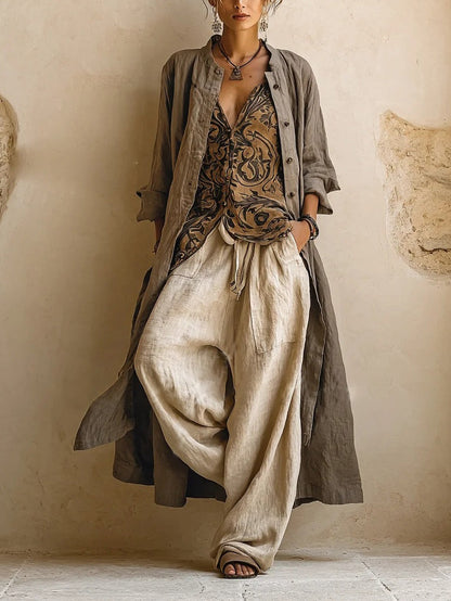 Dames Driedelig Kledingset met Wide-Leg Broek, Blouse en Lange Cardigan Bruin Beige