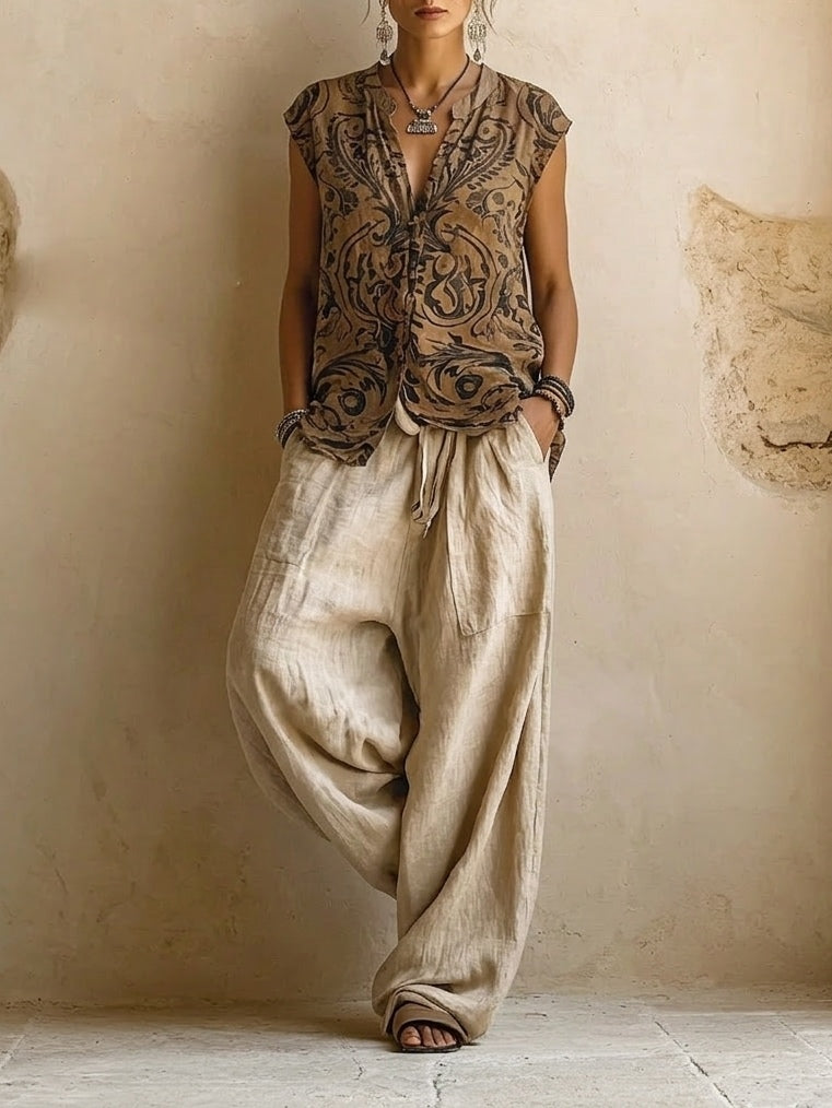 Dames Driedelig Kledingset met Wide-Leg Broek, Blouse en Lange Cardigan