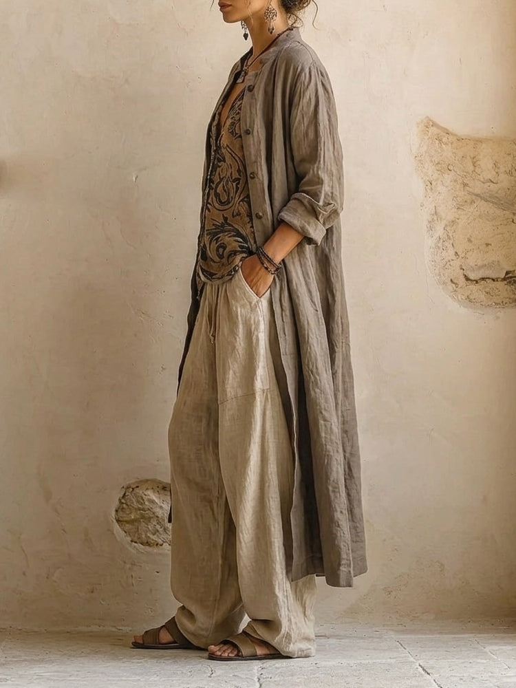 Dames Driedelig Kledingset met Wide-Leg Broek, Blouse en Lange Cardigan