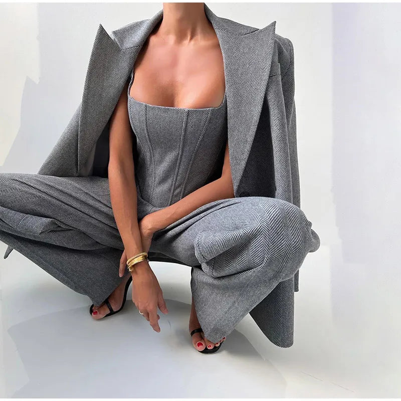 Dames Driedelig Kostuum met Corset Top, Blazer en Wijde Broek