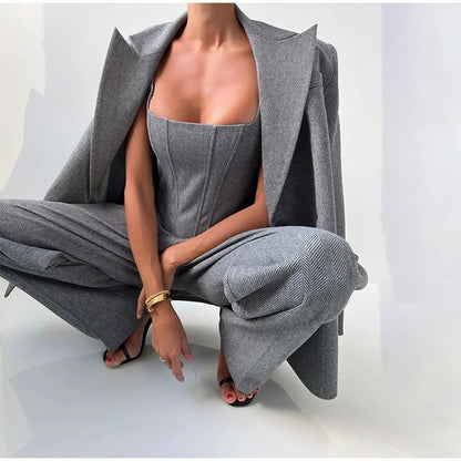 Dames Driedelig Kostuum met Corset Top, Blazer en Wijde Broek