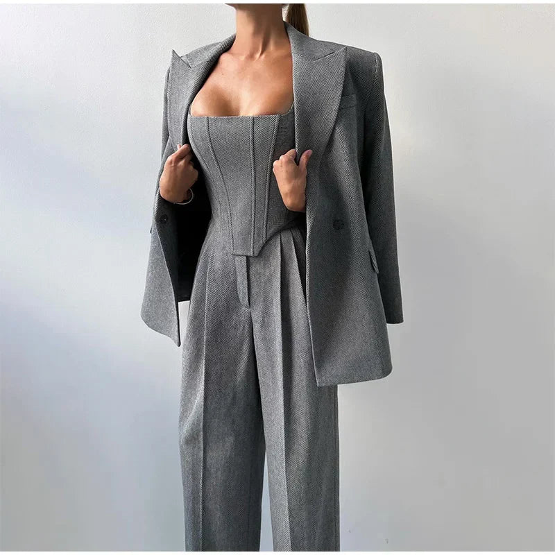 Dames Driedelig Kostuum met Corset Top, Blazer en Wijde Broek
