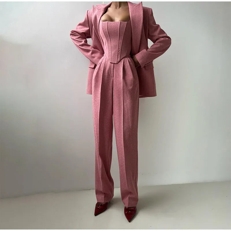 Dames Driedelig Kostuum met Corset Top, Blazer en Wijde Broek
