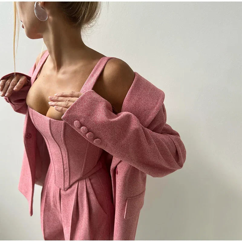 Dames Driedelig Kostuum met Corset Top, Blazer en Wijde Broek