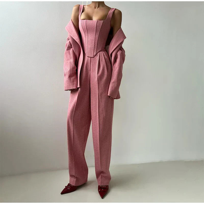 Dames Driedelig Kostuum met Corset Top, Blazer en Wijde Broek
