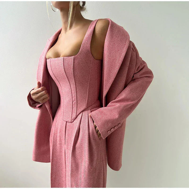 Dames Driedelig Kostuum met Corset Top, Blazer en Wijde Broek