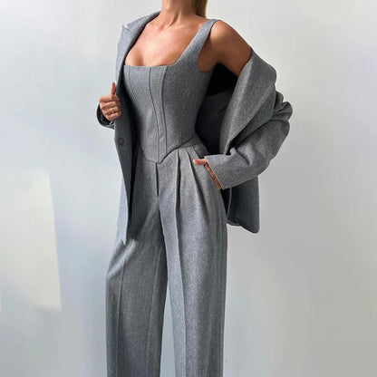 Dames Driedelig Kostuum met Corset Top, Blazer en Wijde Broek