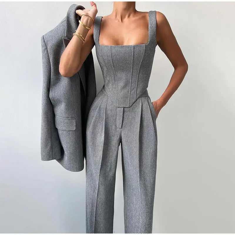 Dames Driedelig Kostuum met Corset Top, Blazer en Wijde Broek
