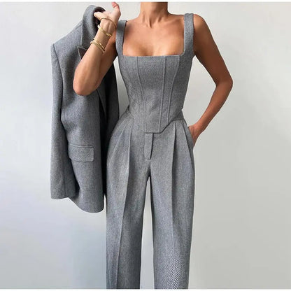 Dames Driedelig Kostuum met Corset Top, Blazer en Wijde Broek