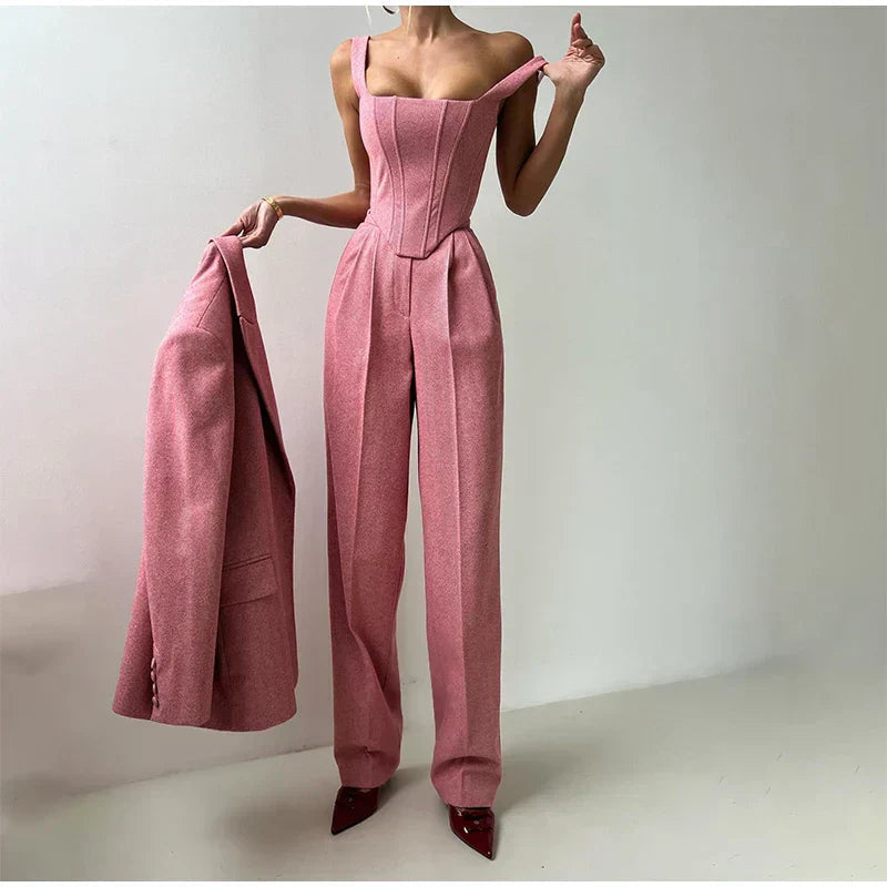 Dames Driedelig Kostuum met Corset Top, Blazer en Wijde Broek