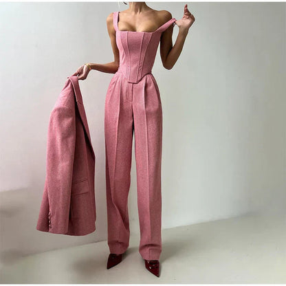 Dames Driedelig Kostuum met Corset Top, Blazer en Wijde Broek