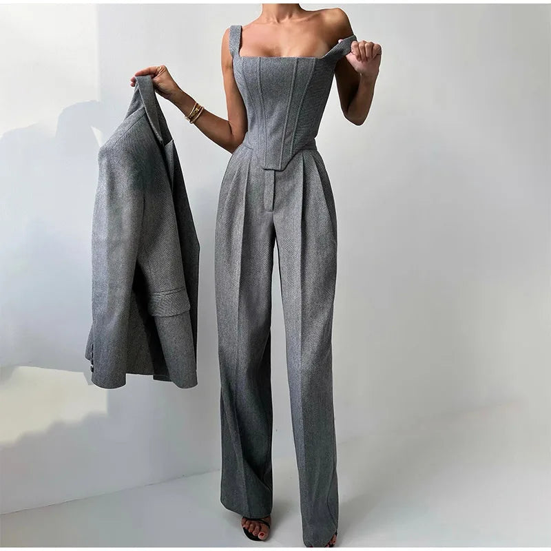 Dames Driedelig Kostuum met Corset Top, Blazer en Wijde Broek