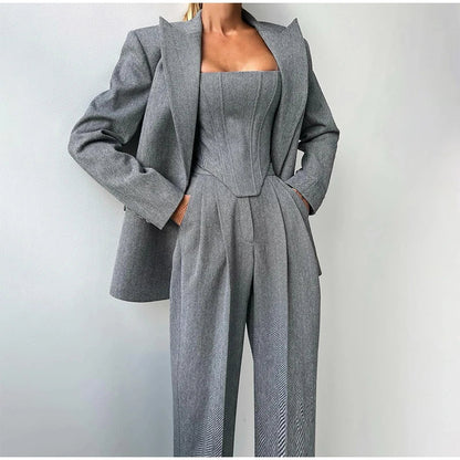 Dames Driedelig Kostuum met Corset Top, Blazer en Wijde Broek