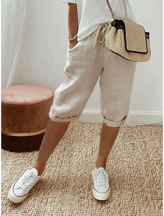 Dames Driekwart Broek met Elastische Taille en Trekkoord Beige