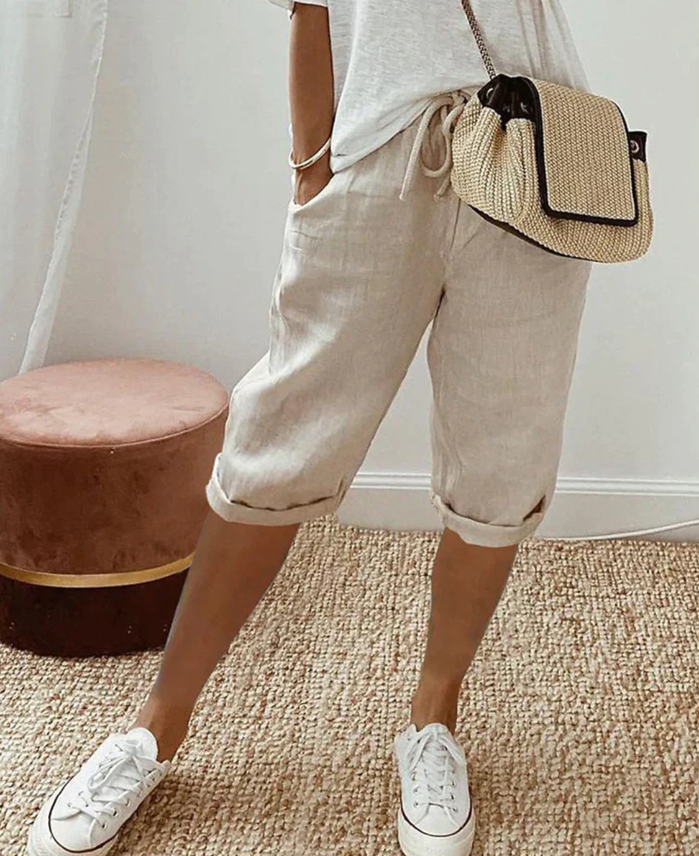 Dames Driekwart Broek met Elastische Taille en Zijzakken Kaki
