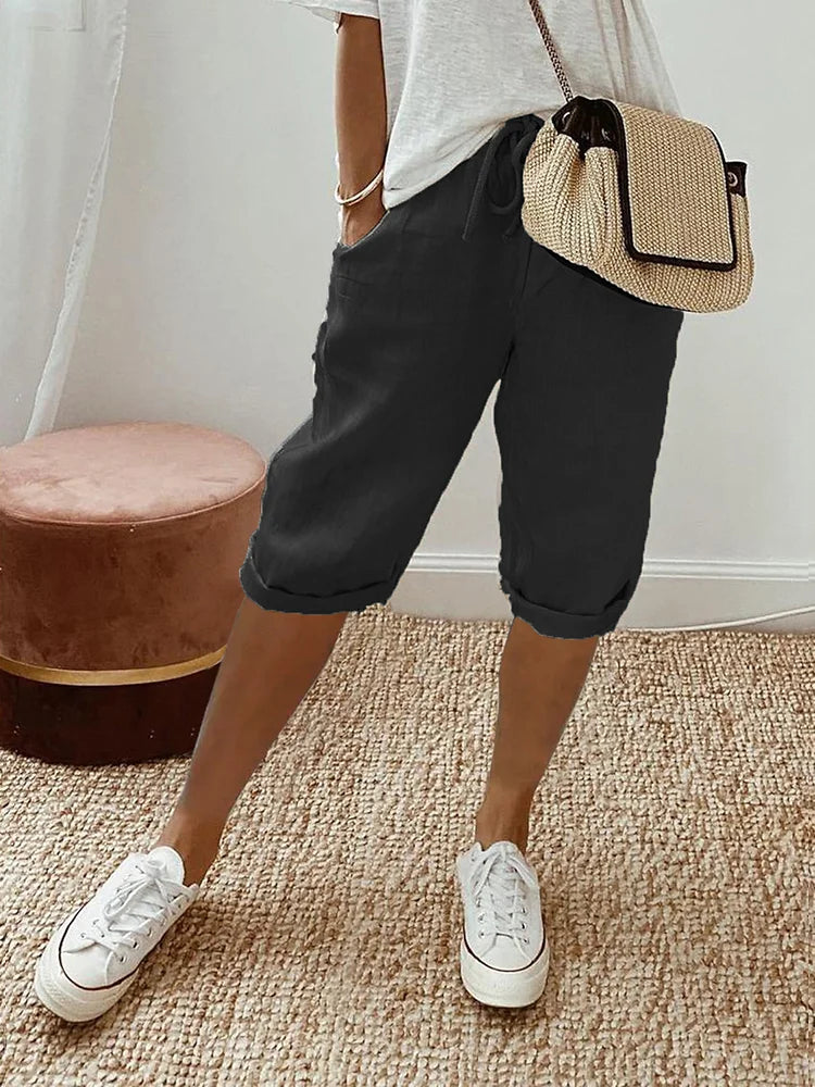 Dames Driekwart Broek met Elastische Taille en Zijzakken