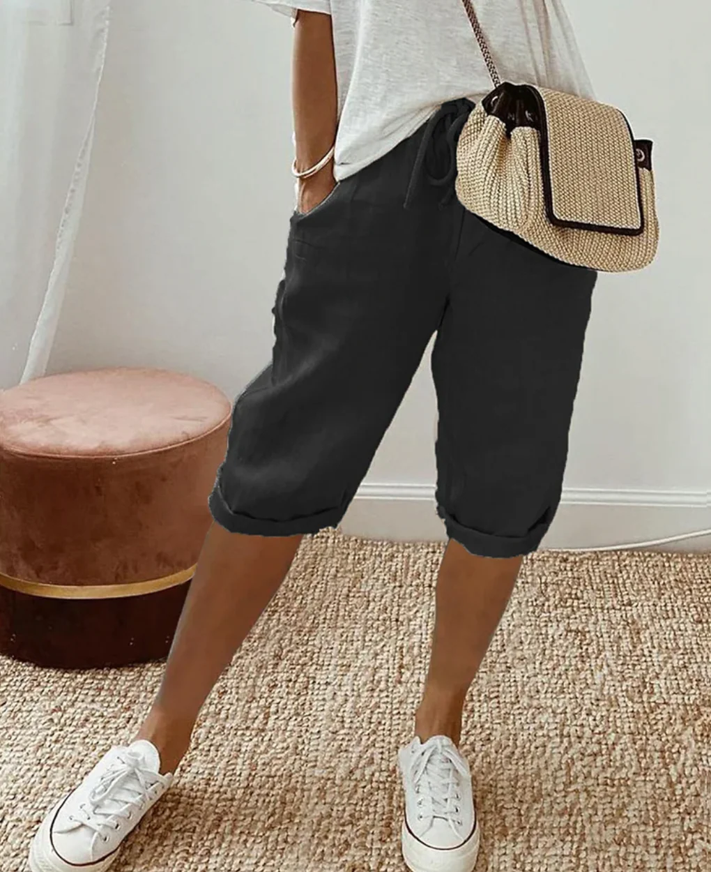 Dames Driekwart Broek met Elastische Taille en Zijzakken Zwart