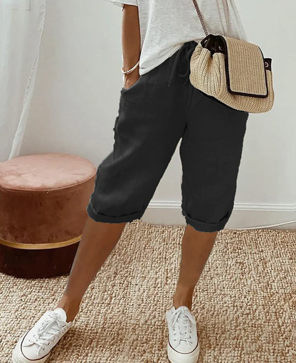 Dames Driekwart Broek met Elastische Taille en Zijzakken Zwart