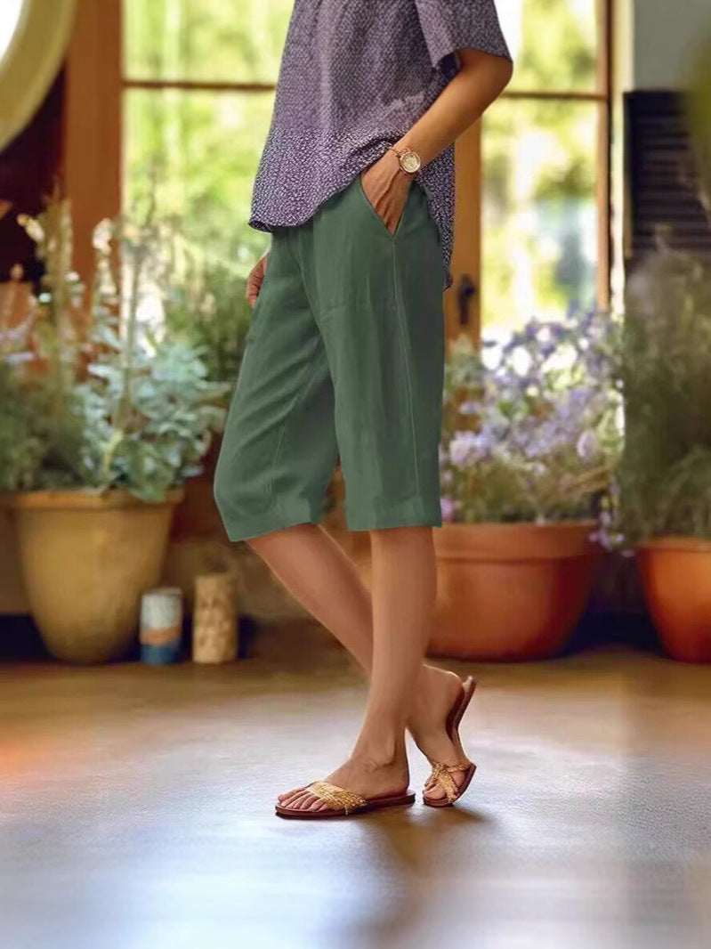Dames Driekwart Broek met Elastische Taille en Zijzakken Groen