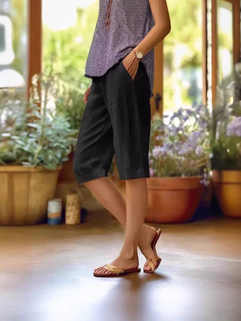 Dames Driekwart Broek met Elastische Taille en Zijzakken Zwart