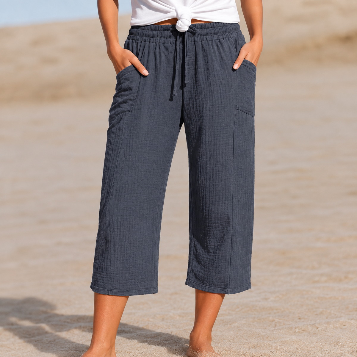Dames Driekwart Broek Wijd met Elastische Taille en Trekkoord Grijs
