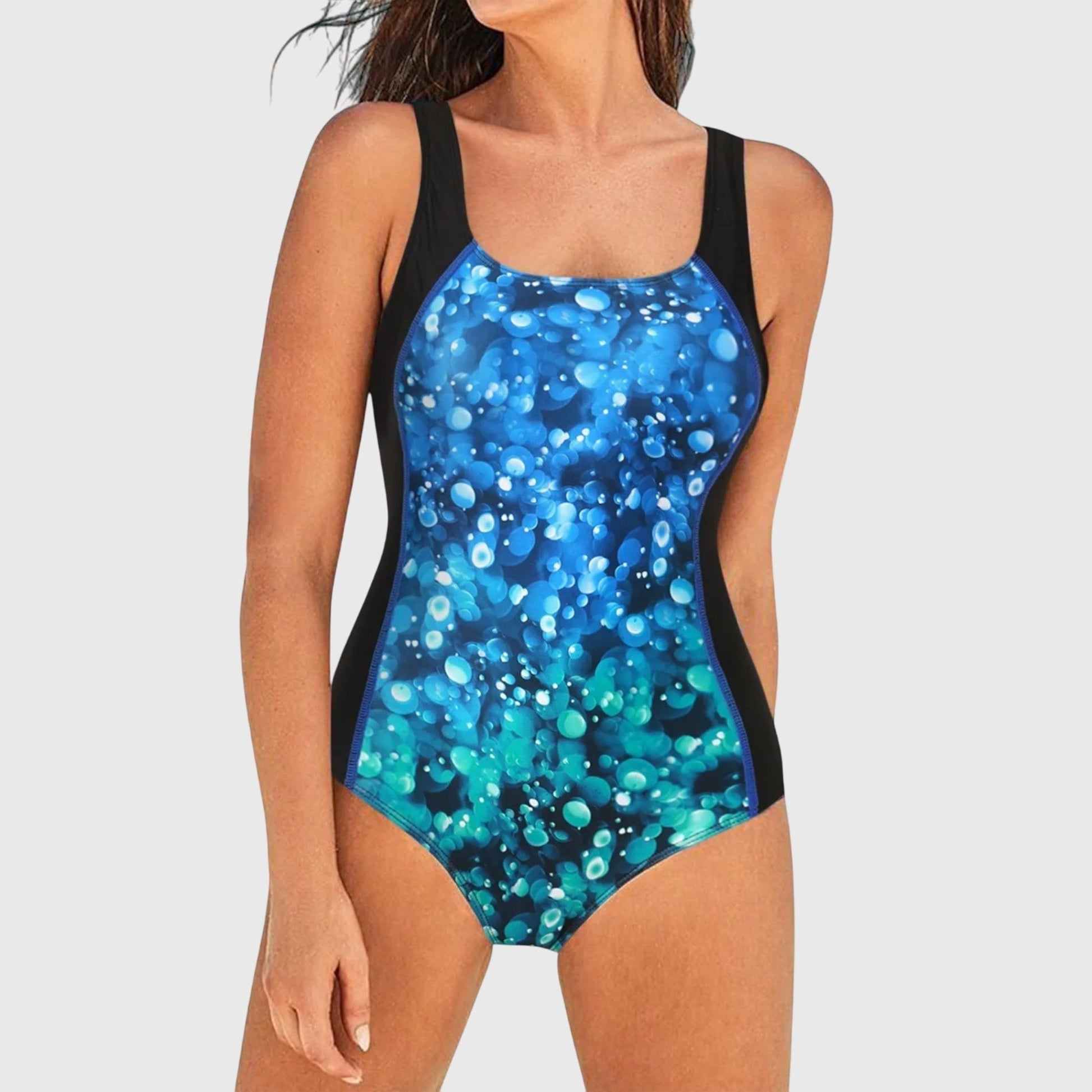 Dames Eénstuk Badpak met Brede Schouderbanden en Grafische Print Blauw Wit