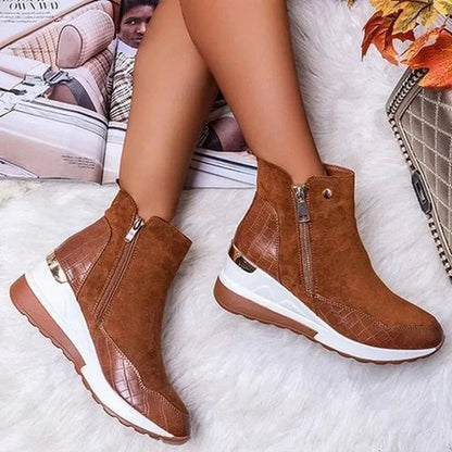 Dames Enkelboots met Sleehak en Ritssluiting Bruin