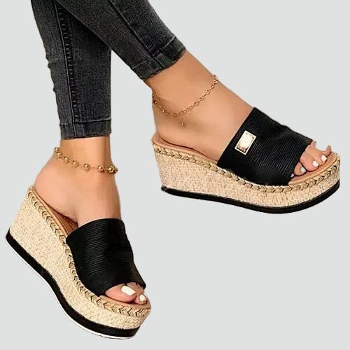 Dames Espadrille Sleehak Sandalen met Gevlochten Platform en Open Teen Zwart