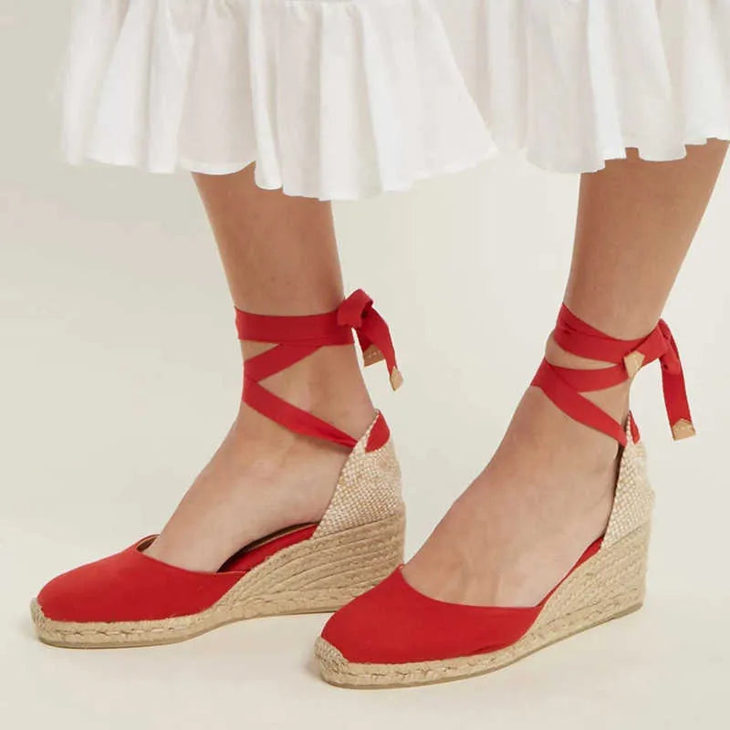 Dames Espadrilles op Sleehak met Enkelbandjes Rood