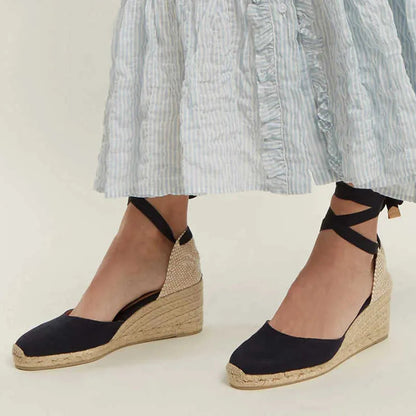 Dames Espadrilles op Sleehak met Enkelbandjes Zwart
