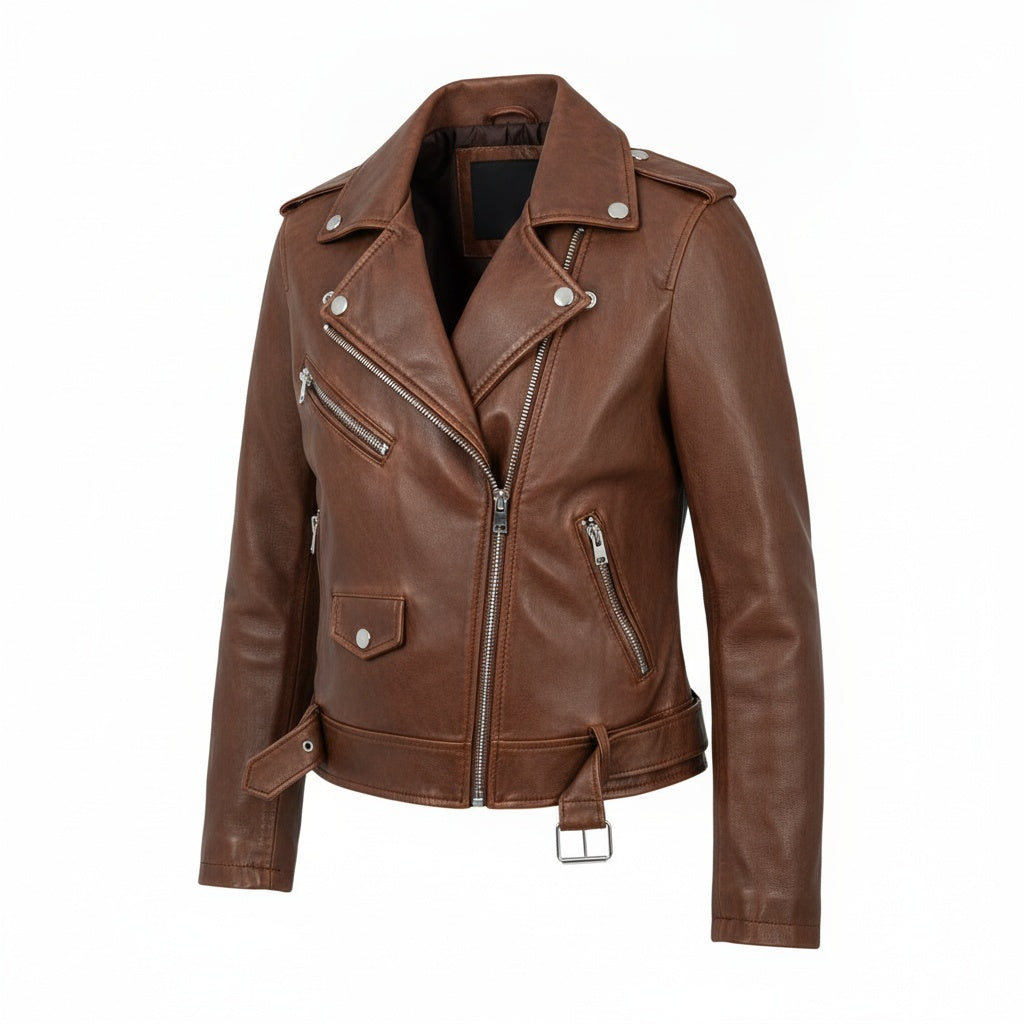 Dames Faux Leather Biker Jacket met Asymmetrische Ritssluiting en Tailleband