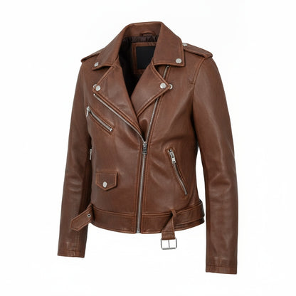 Dames Faux Leather Biker Jacket met Asymmetrische Ritssluiting en Tailleband
