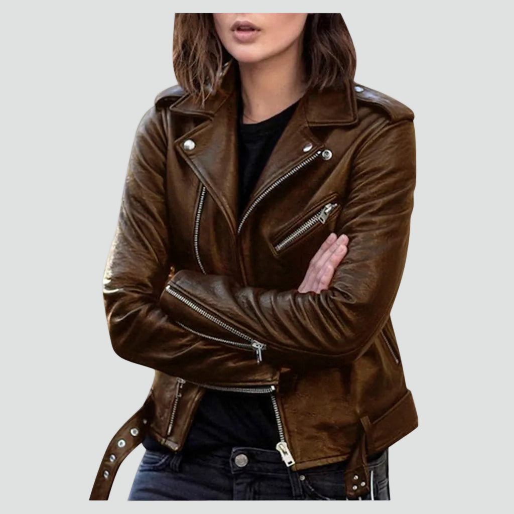 Dames Faux Leather Biker Jacket met Asymmetrische Ritssluiting en Tailleband Bruin
