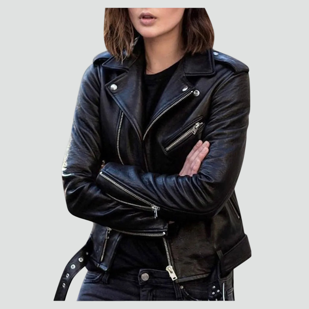 Dames Faux Leather Biker Jacket met Asymmetrische Ritssluiting en Tailleband Zwart