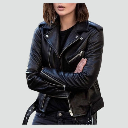 Dames Faux Leather Biker Jacket met Asymmetrische Ritssluiting en Tailleband Zwart