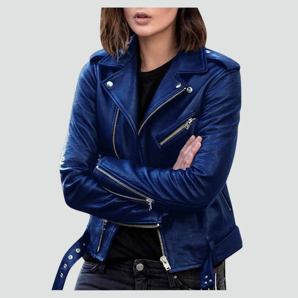Dames Faux Leather Biker Jacket met Asymmetrische Ritssluiting en Tailleband Donkerblauw