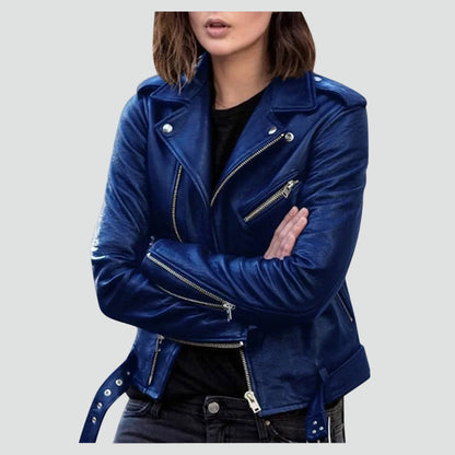 Dames Faux Leather Biker Jacket met Asymmetrische Ritssluiting en Tailleband Donkerblauw