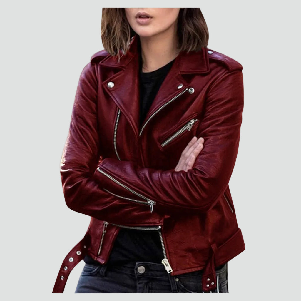 Dames Faux Leather Biker Jacket met Asymmetrische Ritssluiting en Tailleband Bordeauxrood