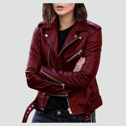 Dames Faux Leather Biker Jacket met Asymmetrische Ritssluiting en Tailleband Bordeauxrood