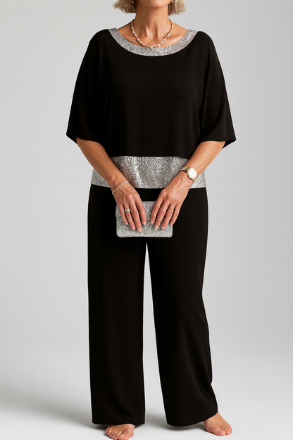 Dames Feest Jumpsuit met Glitterband en Cape-top Zwart