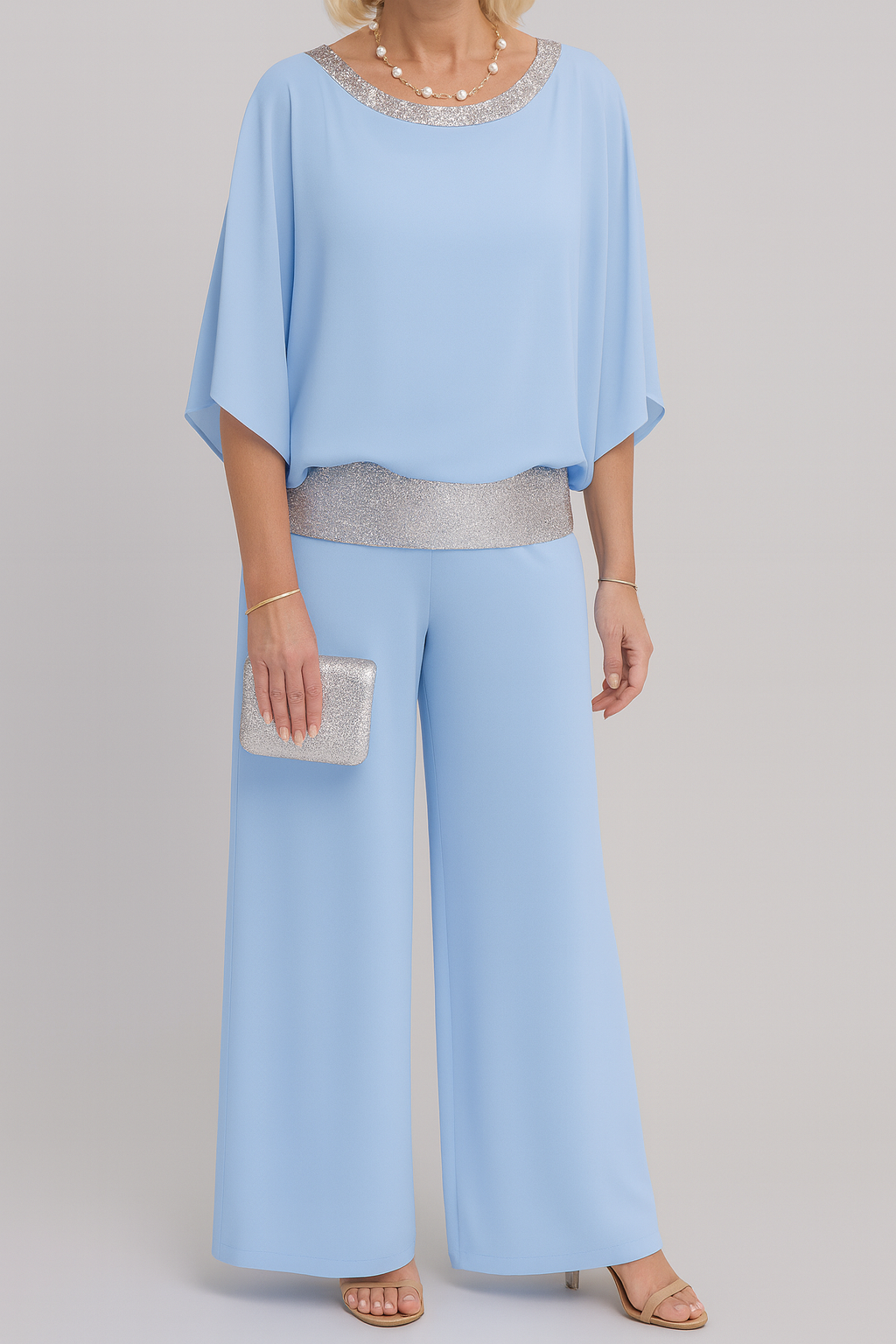 Dames Feest Jumpsuit met Glitterband en Cape-top Lichtblauw