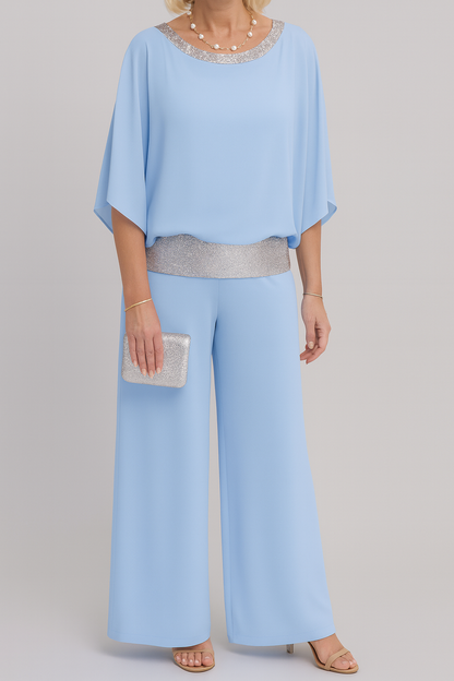 Dames Feest Jumpsuit met Glitterband en Cape-top Lichtblauw