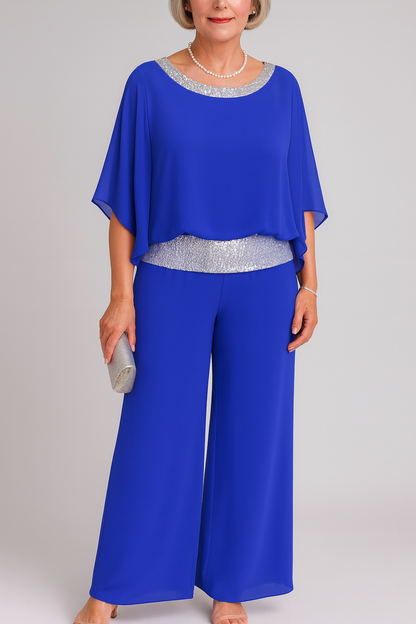 Dames Feest Jumpsuit met Glitterband en Cape-top Donkerblauw
